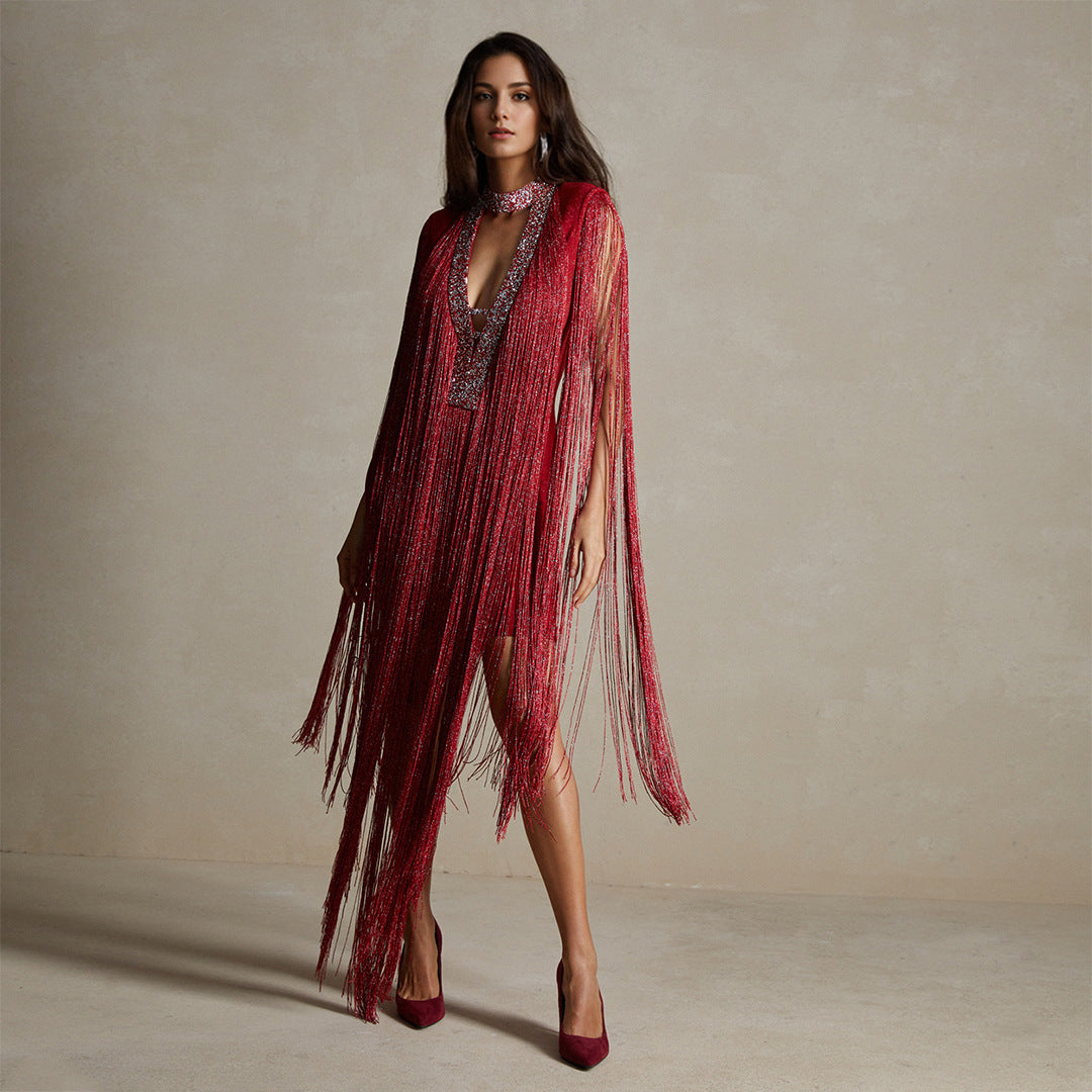 Red Tassel Sequ Party Slim Design Dress