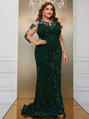 Plus Size Mesh Sequin Stitching Long Sleeve Three Dimensional Floral Evening Dress Cocktail Fishtail Maxi Dress