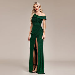 Oblique Shoulder Pleated Back Zipper Full Lining High Slit Shiny Bright Dress Straight H Shaped Knitted Jumpsuit