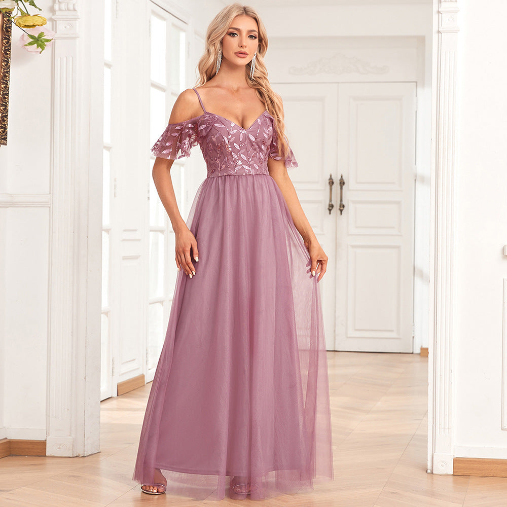 Elegant Off The Shoulder Strap Sleeve Double V Neck Tulle Stitching Embroidered Sequ A Swing Long Party Evening Dress