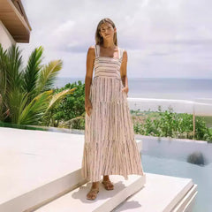 Sweet Striped Printed off Neck Lace up Dress