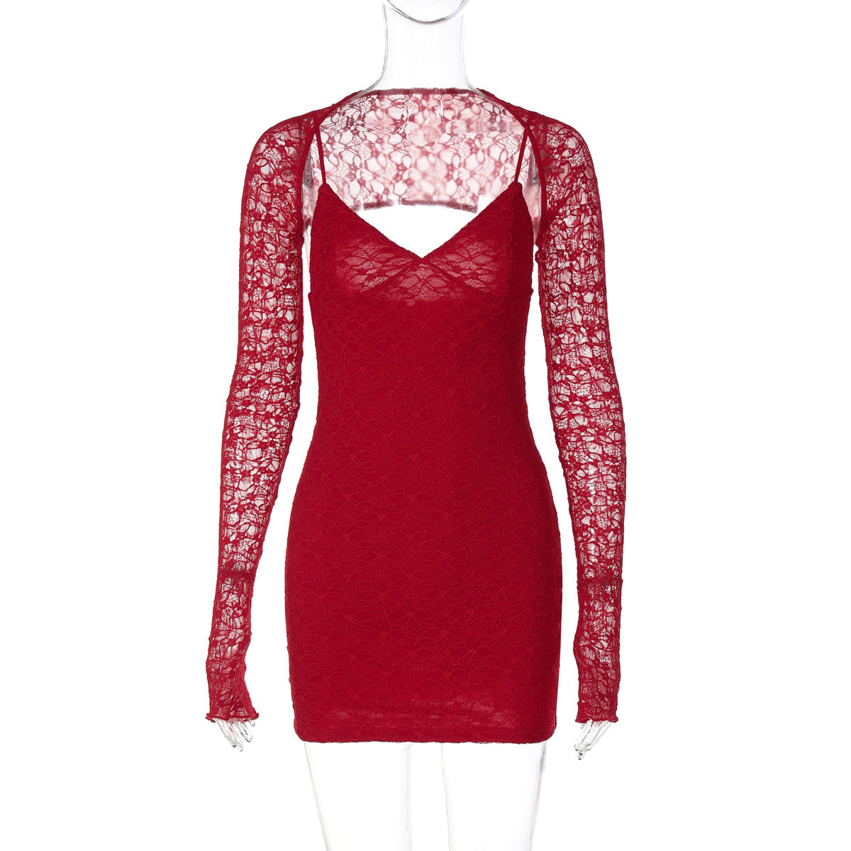Vestido de tirantes con costura de encaje, rojo puro, corte entallado, escote en V, vestido de alta sociedad