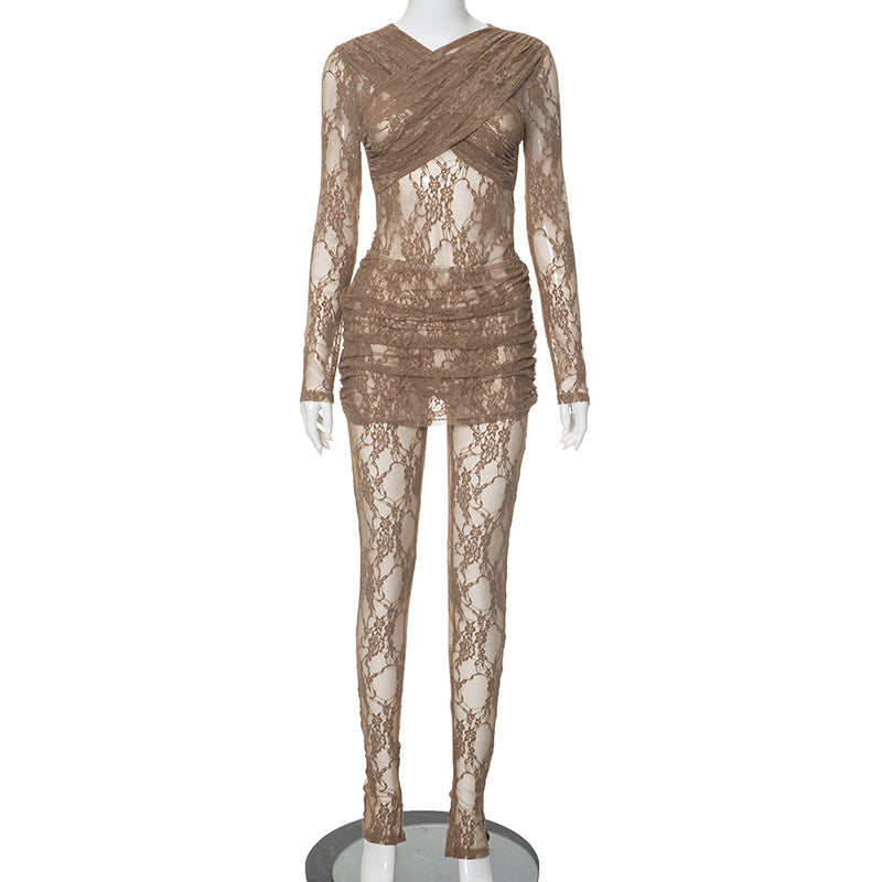 Conjunto de dos piezas de vestido corto transparente con encaje de patchwork