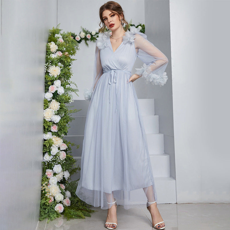 Fairy Dress V neck Long Sleeve High Waist Applique Long Lace Dress