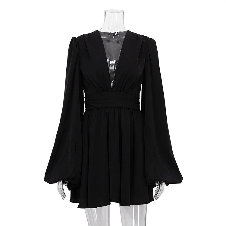 French Puff Sleeve High Waist Dress V Neck Abdomen Control Black Short Dress