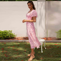 Vacation Backless Print off Neck Puff Sleeve Dress