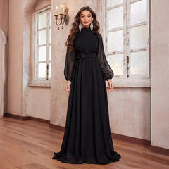 Vestido elegante de gasa largo con cuello alto, lunares, manga larga y orejas de madera