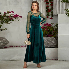 Long Sleeve round Collar Gauze Lace Velvet Cami Dress