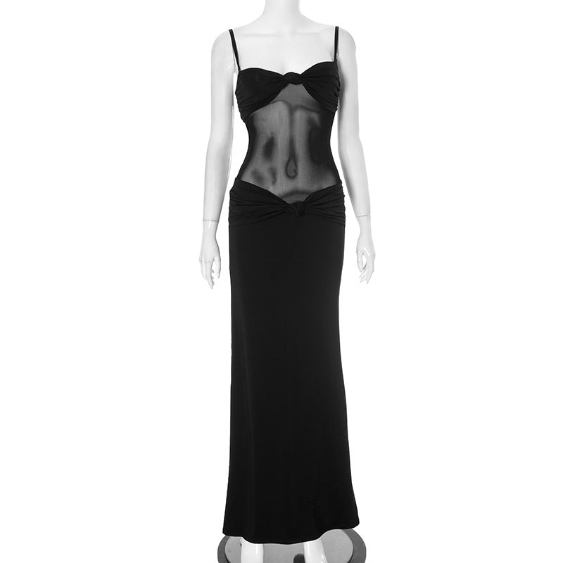 Detachable Shoulder Strap Twist Mesh Slim Fit Dress