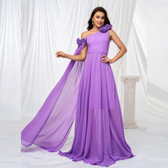 Vestido de cóctel largo de noche con cuello diagonal y un hombro descubierto, vestido de dama de honor con cintura ajustada y dobladillo grande.
