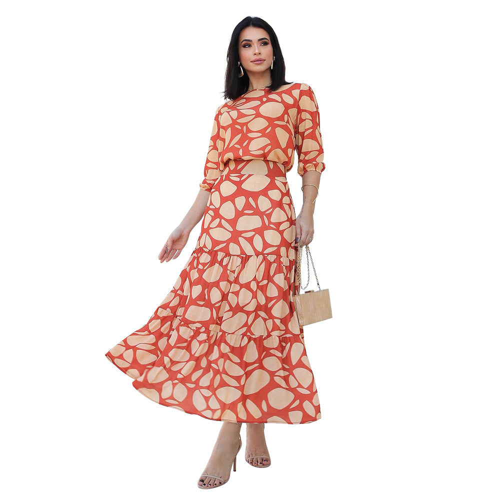 Printed Suit Skirt Elegant Round Neck Stitching A line Dress