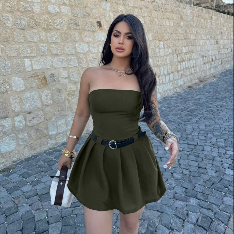 Bandeau One Shoulder Waist Trimming Solid Color Dress No Belt