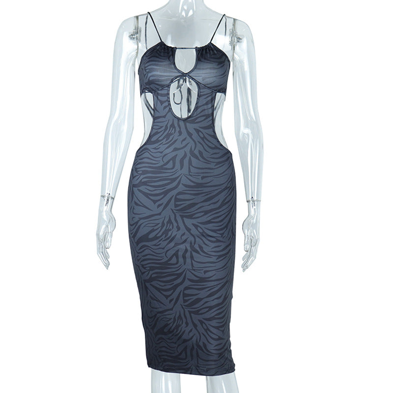Tight Braces Dress Sleeveless Printed Hollow Out Cutout Out Dress Backless Street Pullover Hip