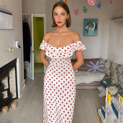 Polka Dot Printed A line Waist Trimming Ruffled Spaghetti Straps Dress
