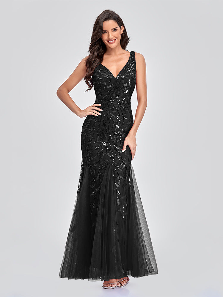 Evening Dress V neck Tulle Embroidered Sequ Mermaid Prom Formal Dress
