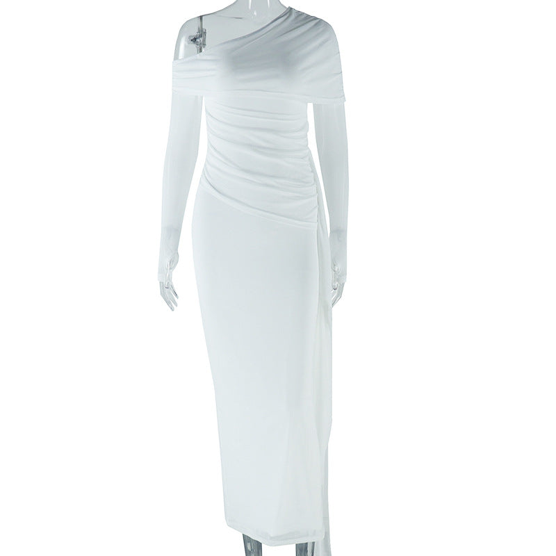 Solid Color Dress Off Shoulder Long Sleeve Mesh Stitching Dress