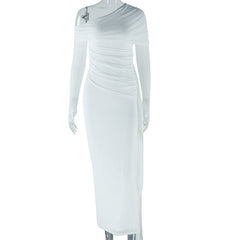 Solid Color Dress Off Shoulder Long Sleeve Mesh Stitching Dress