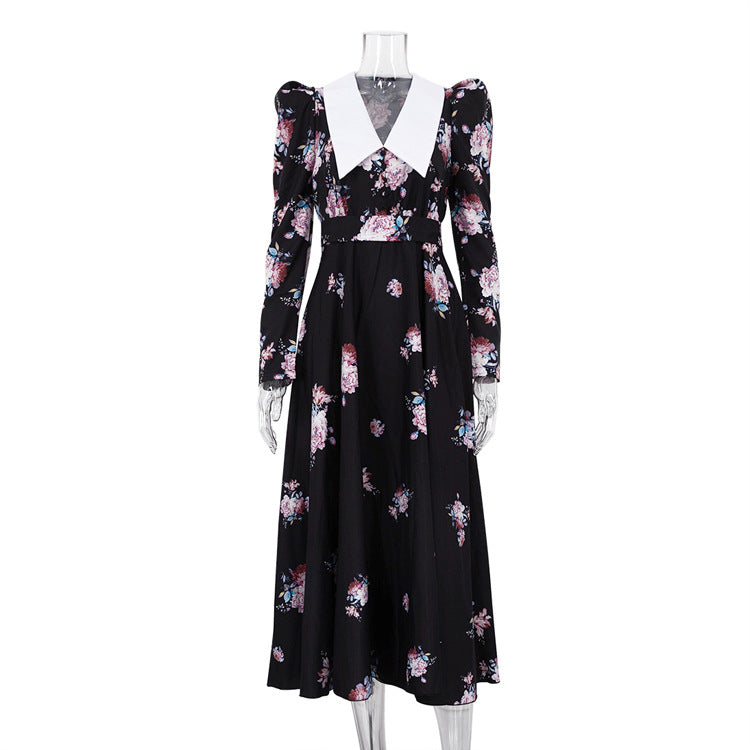 Early Retro Printed Large Swing Dress Waist Controlled Slim Fit Maxi Dress
