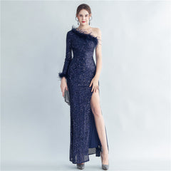 Craft Ostrich Feather Decorative Diagonal Shoulder Roman Collar Side Slit High End Evening Dress