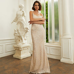 Sleeveless Elegant Long Sequined off Neck Backless Evening Bridesmaid Dress