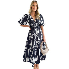 Vestido largo con cuello en V y mangas abullonadas estampado