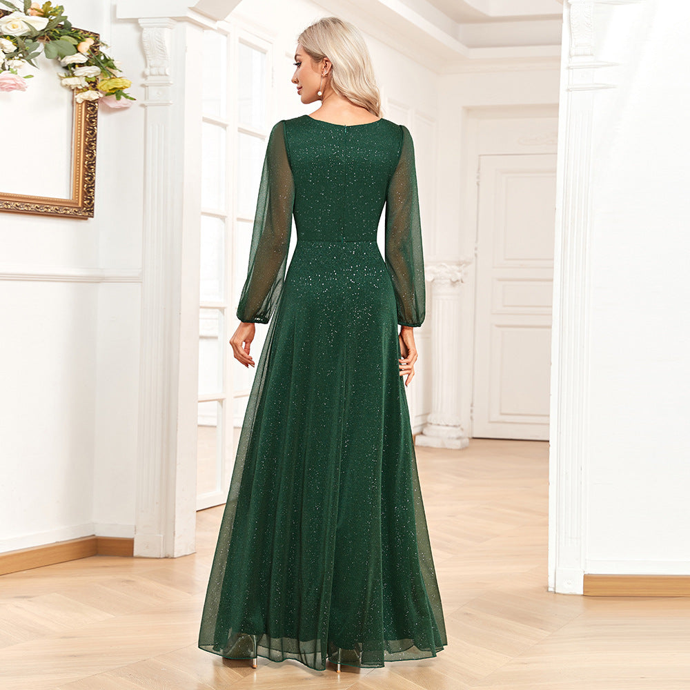 Elegant V Neck Shiny Chiffon Evening Dress A line Sheer Long Sleeve Wedding Party Dress Bridesmaid