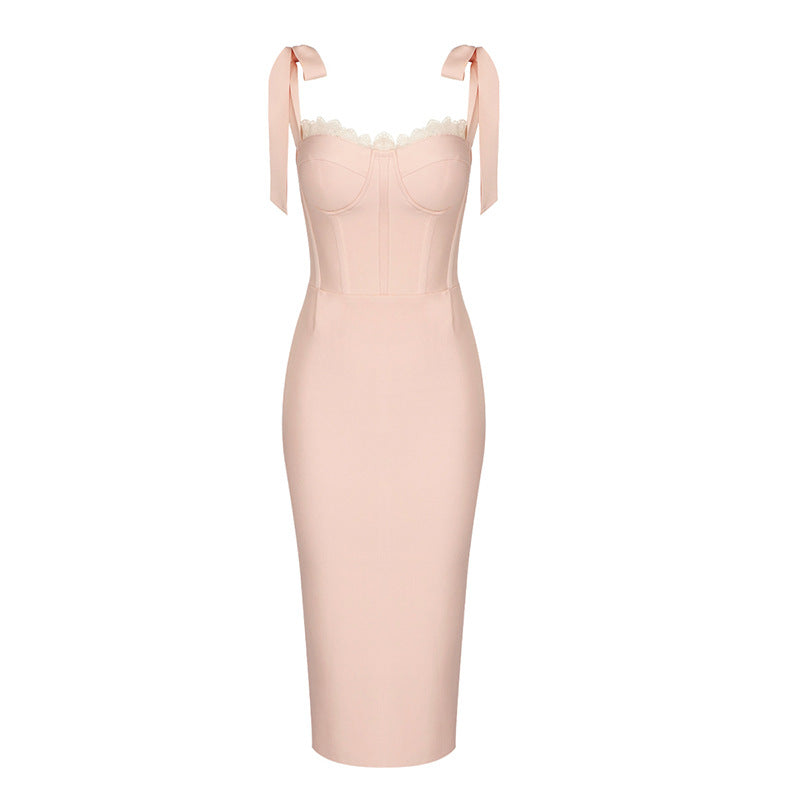 Vestido blanco de punto con corsé, de alta gama y encaje, ajustado y con varillas.