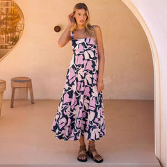 Printed Suspender Waist Slimming Maxi Dress Backless Slimming Dress