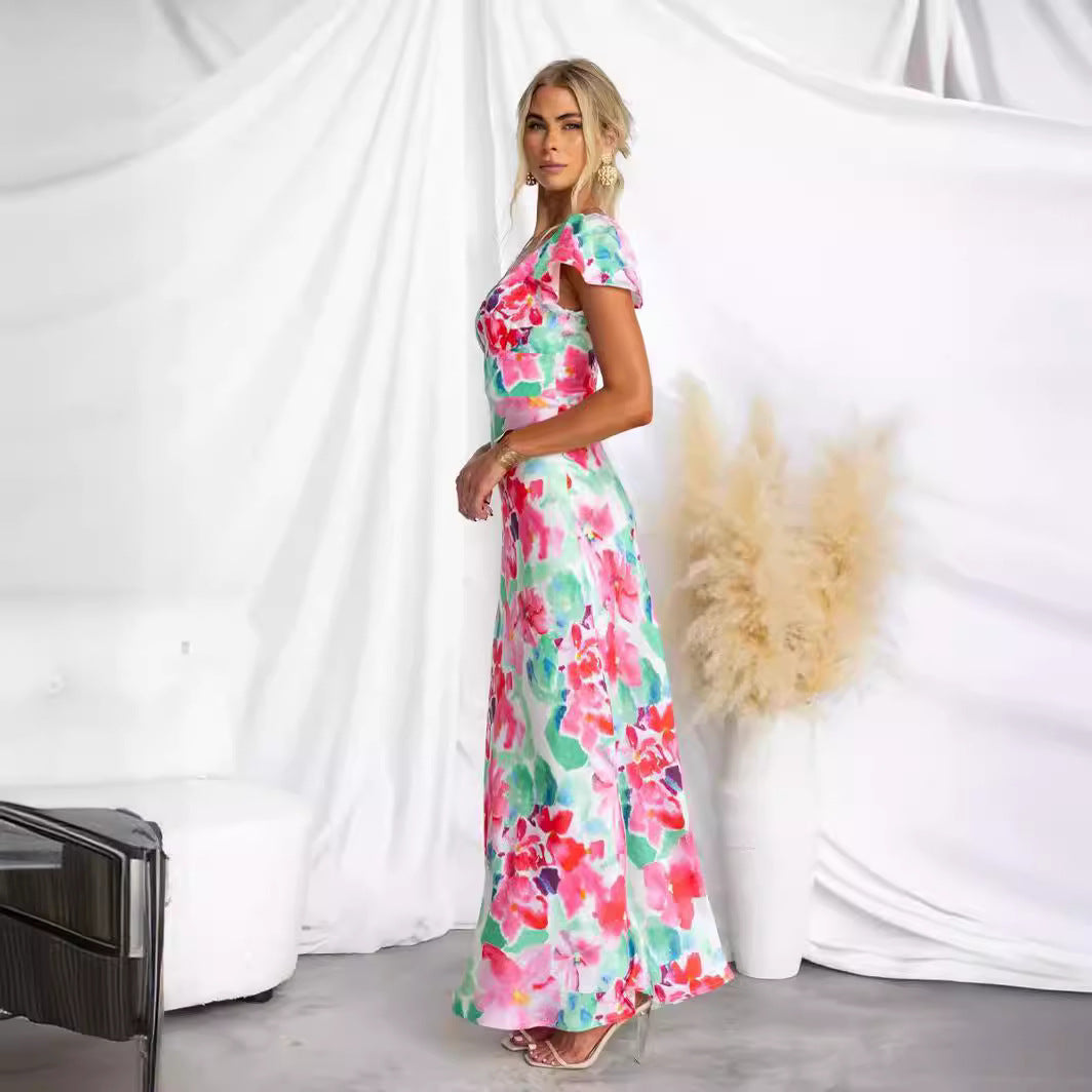 Floral Fresh Sweet V neck Lotus Leaf Sleeve Mid Length Dress
