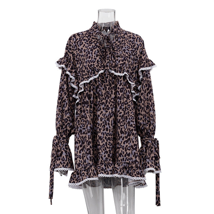 Printed Dress Flared Sleeves Lace up