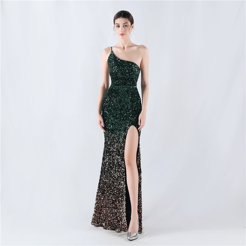 Dress Velvet Bottom Gradient Sequin High Fork Oblique Shoulder Evening Dress