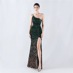 Dress Velvet Bottom Gradient Sequin High Fork Oblique Shoulder Evening Dress