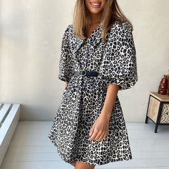 Peter Pan Collar Leopard PrintElegant Dress Half Sleeve A line Dress