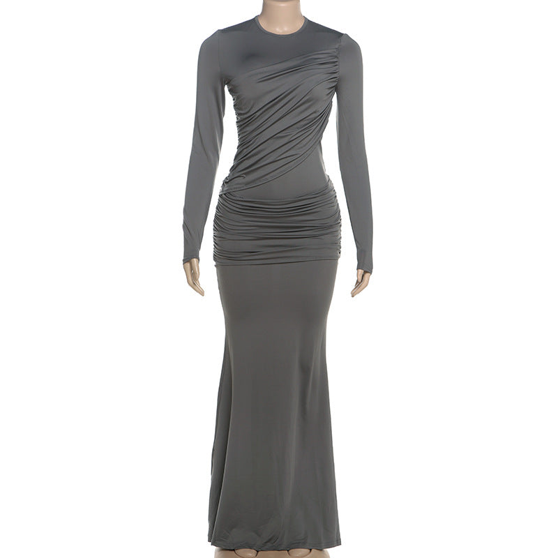 Fall Long Sleeve round Neck See through Solid Color Slim Hip Maxi Dress