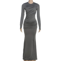 Fall Long Sleeve round Neck See through Solid Color Slim Hip Maxi Dress