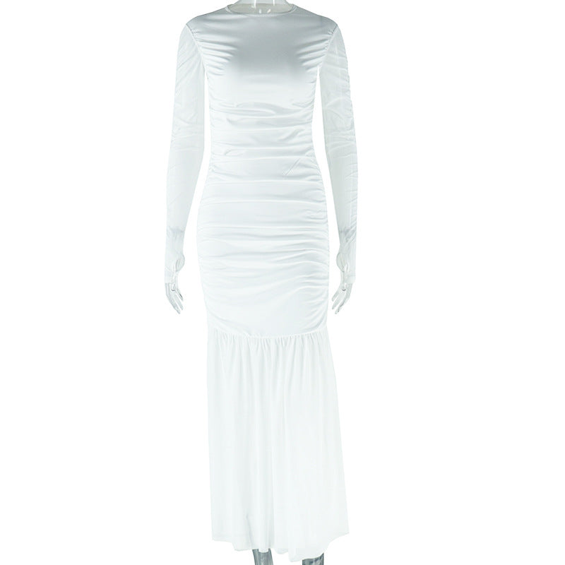 Solid Color Dress round Neck Long Sleeve Mesh Stitching Casual Dress