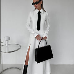Early Elegant College Collared Long Sleeve Split Dress Tie Dress