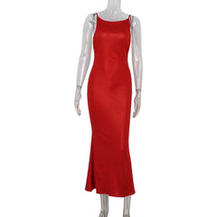 Vestido largo elegante rojo de moda sin mangas, ajustado, con espalda descubierta, para mujer