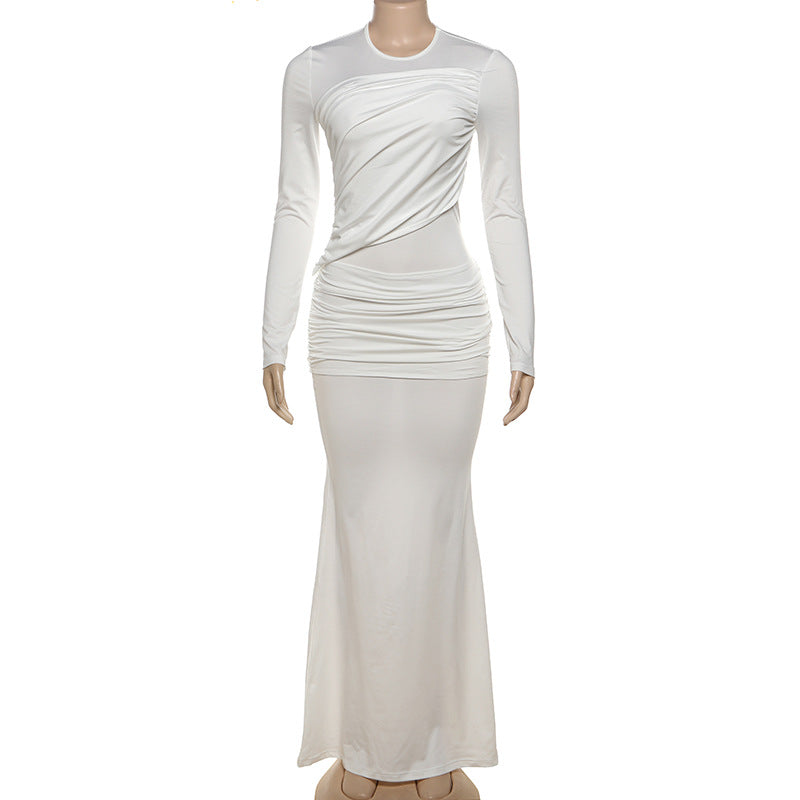 Fall Long Sleeve round Neck See through Solid Color Slim Hip Maxi Dress
