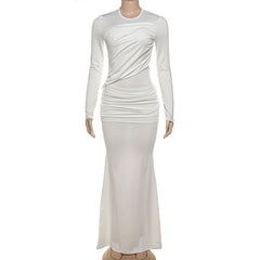 Fall Long Sleeve round Neck See through Solid Color Slim Hip Maxi Dress