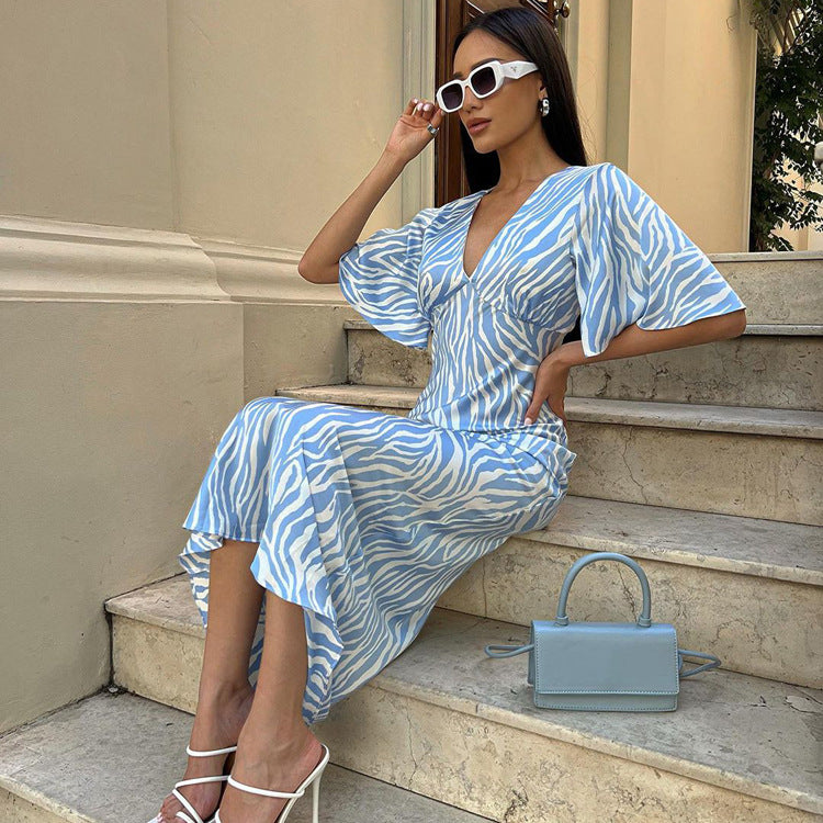 Dress Short Sleeve Satin Drooping Slimming Backless Printed Maxi Dress