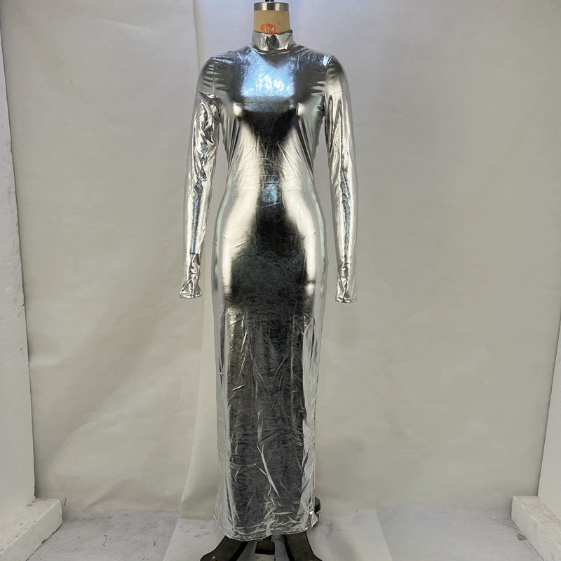 Vestido ajustado de tela revestida metálica, sin espalda y ajustado, adelgazante