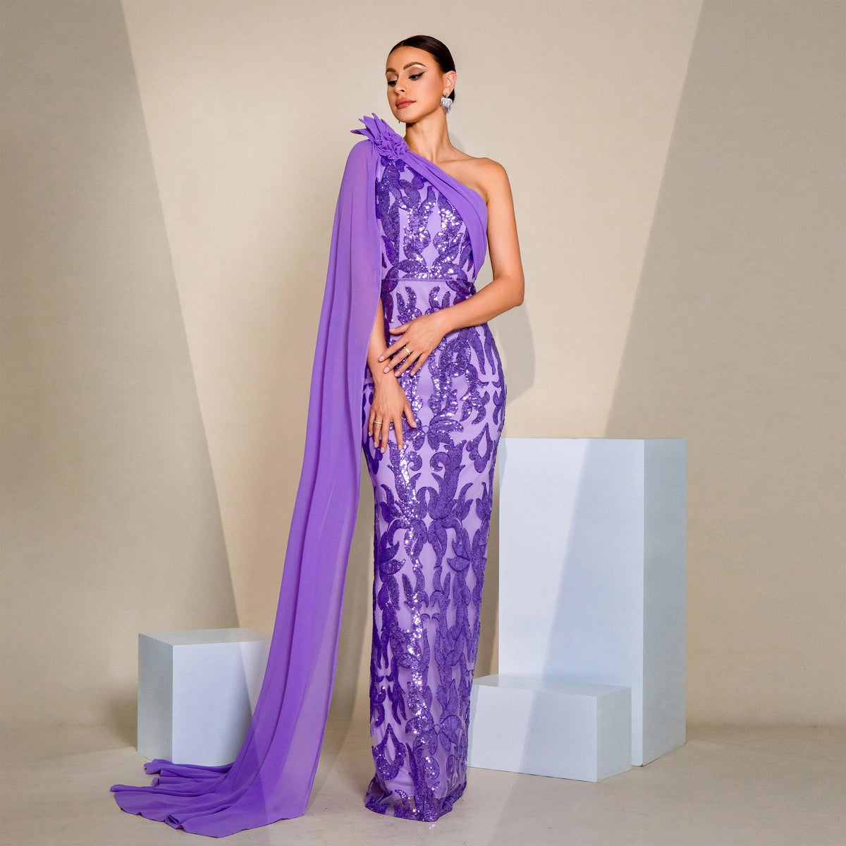 High Class Elegant Long Sleeve Diagonal Collar Ribbon Cocktail Sheath Sequined Evening Dress Dress