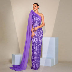 High Class Elegant Long Sleeve Diagonal Collar Ribbon Cocktail Sheath Sequined Evening Dress Dress