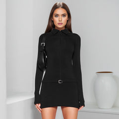 Collared Front Chest Zipper Metal Buckle Hip Wrapped Short Dress