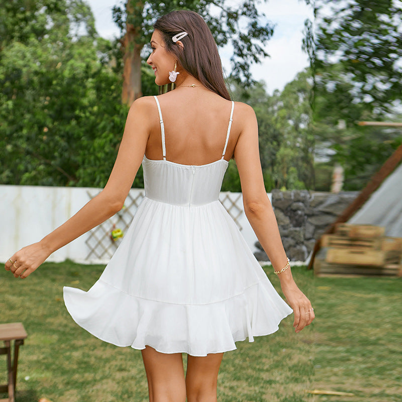 Breasted V neck Ruffled Dress Backless A line Dress Sweet Spicy
