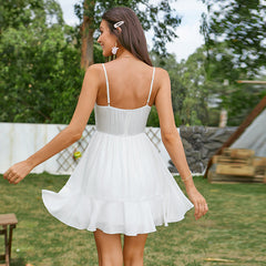 Breasted V neck Ruffled Dress Backless A line Dress Sweet Spicy