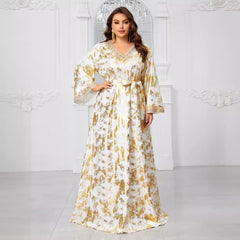 Plus Size Muslimisches Kleid aus dem Nahen Osten mit V-Ausschnitt, Stickerei, Spitze, langen Ärmeln und Gürtel