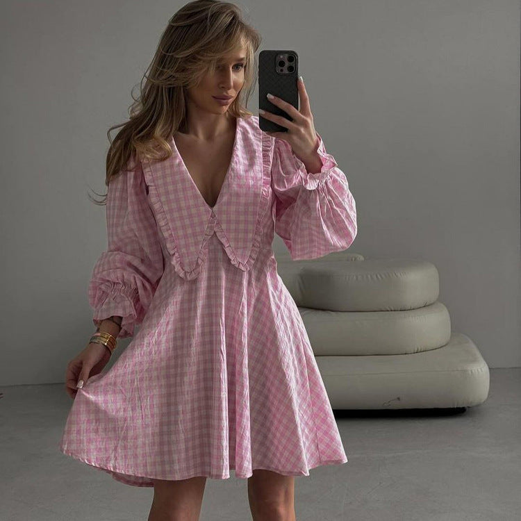 Vestido de oficina de corte A con cuello de mariposa y cuadros rosas, manga larga
