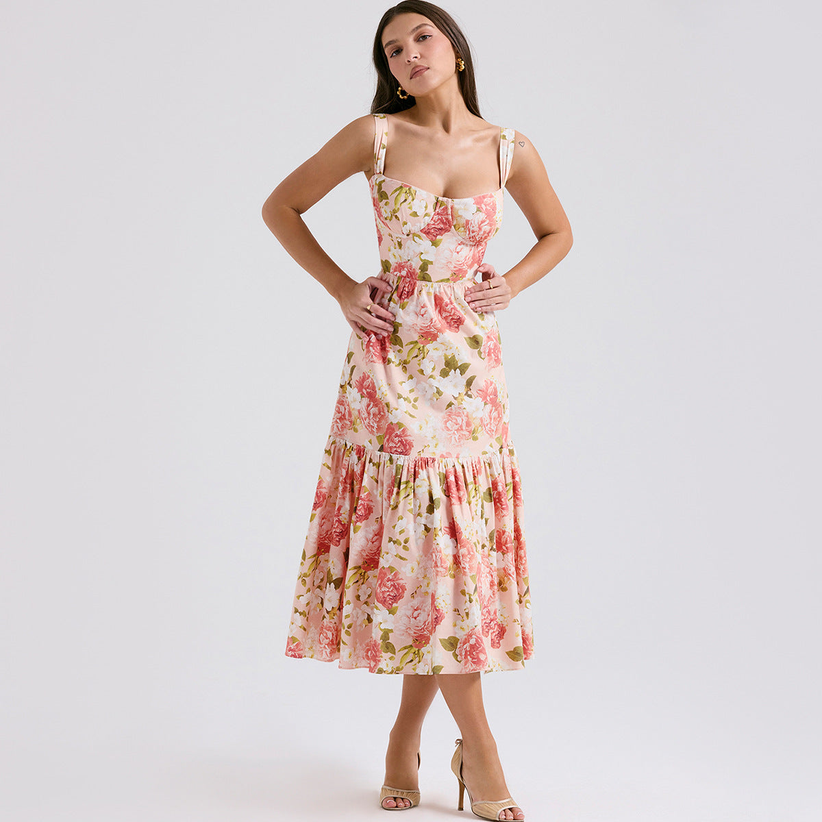 Collection Dress Sweet Spicy Floral Midi Backless Sleeveless Strap Dress for Summer